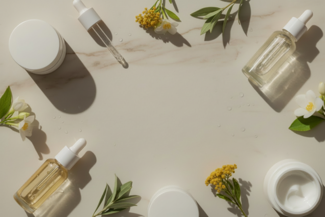 Lusian Skincare Flatlay – weiße Kappen